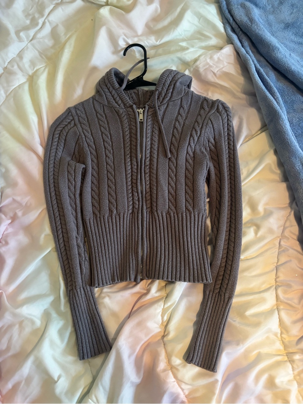 Women's grey Cable-Knit Zip Hoodie Sweater